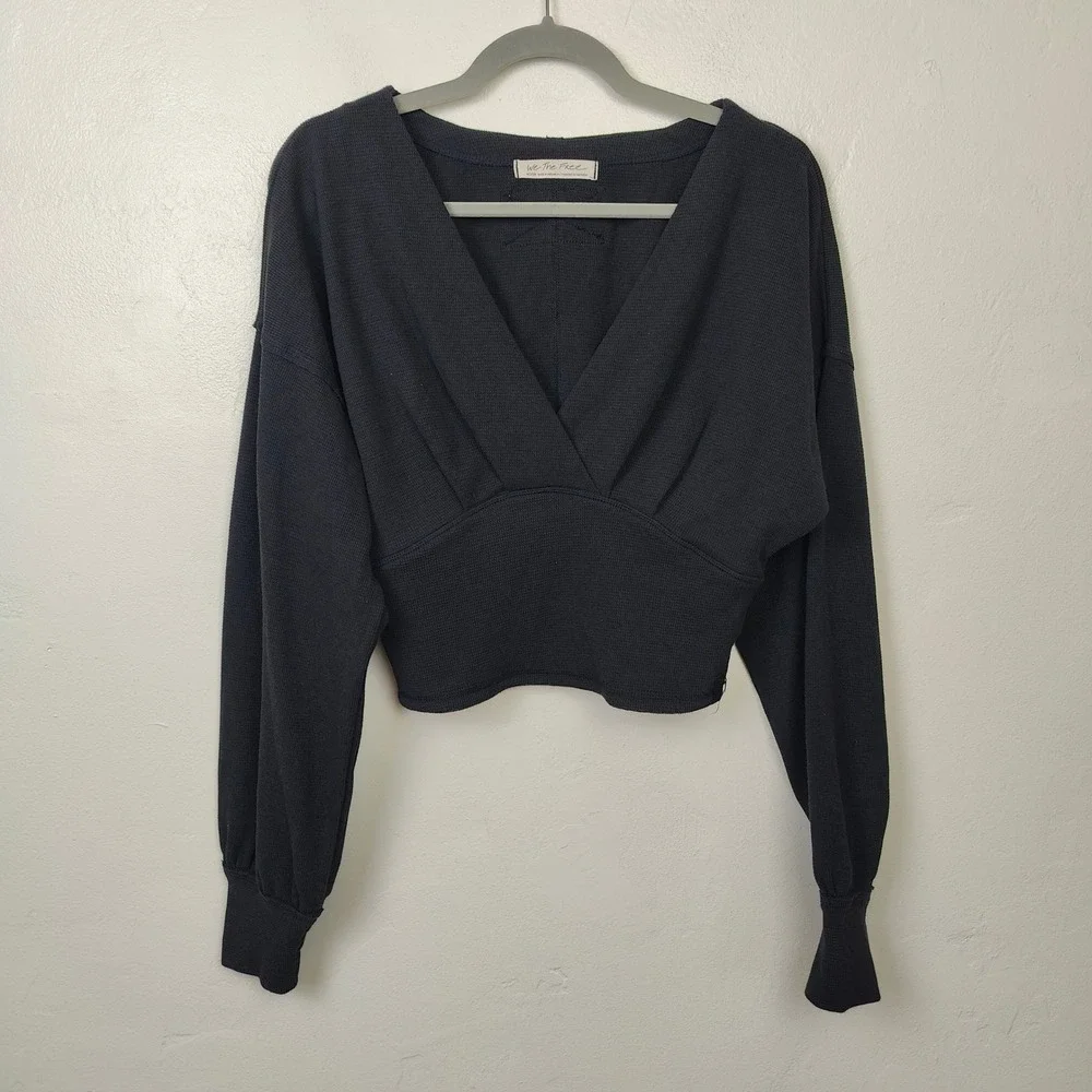 Free People We The Free All Nighter Thermal Top Womens Medium Black Puff Sleeve